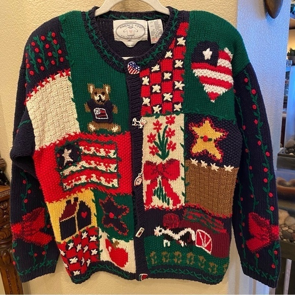 Vintage EAGLE’S EYE 1995 Hand Knit Fun Buttons & Graphic Cardigan Sweater-Large - Picture 1 of 9